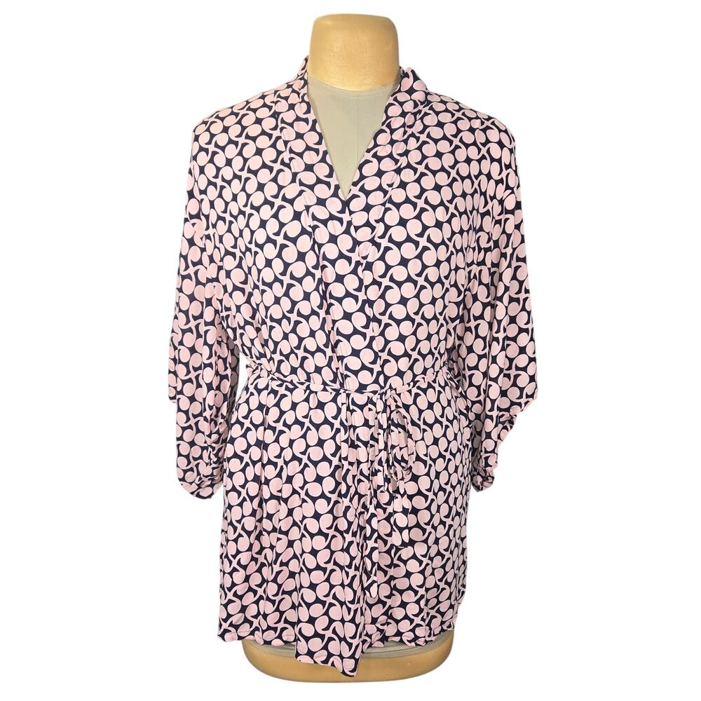 Josie Natori Wrap Tunic Top‎ Womens L Kimono Sleeve Abstract Lightweight Casual